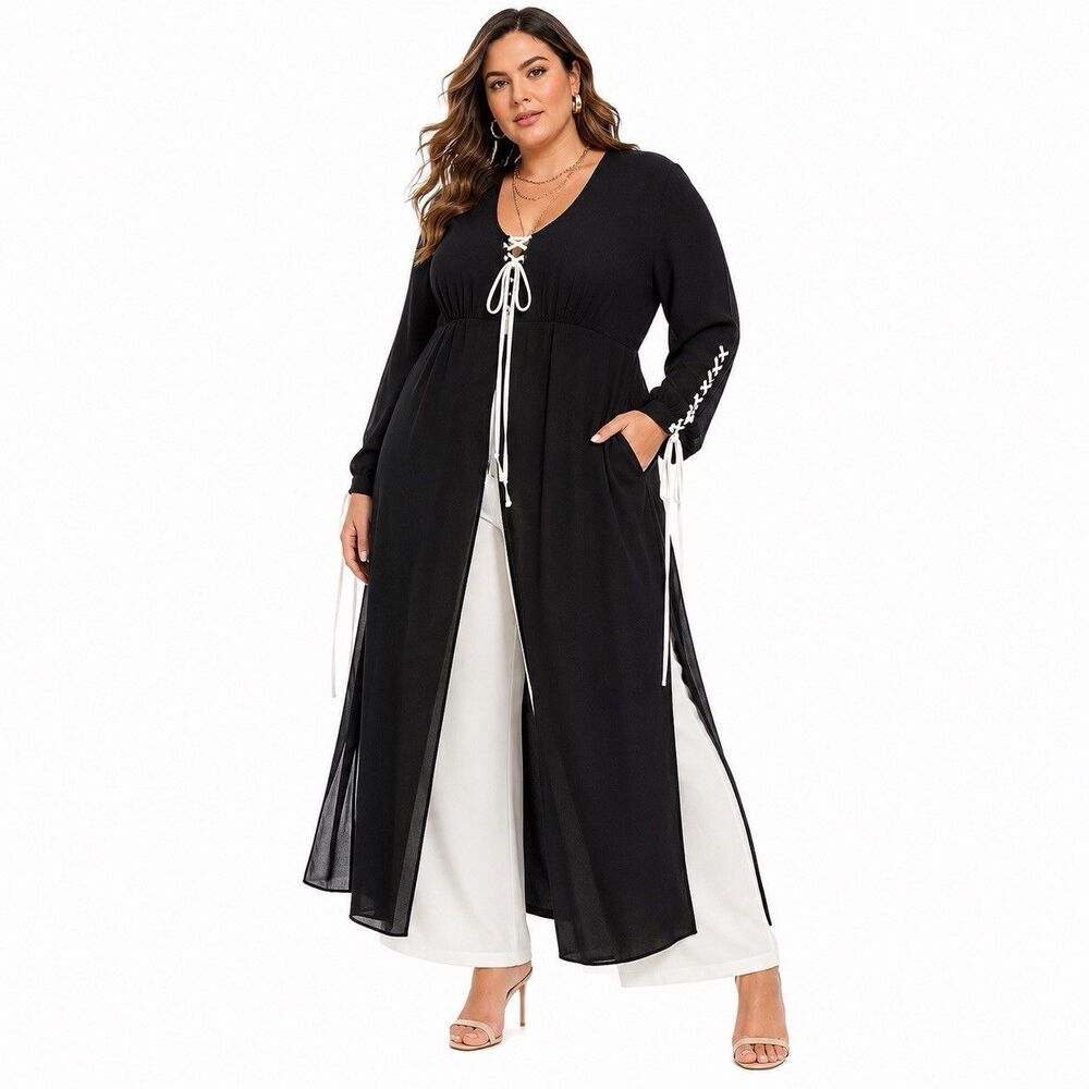 Touch Of Cyn Cyndi Lauper Ruch Top Long Sleeve DeepV Black Jumpsuit Dress Sz 18W